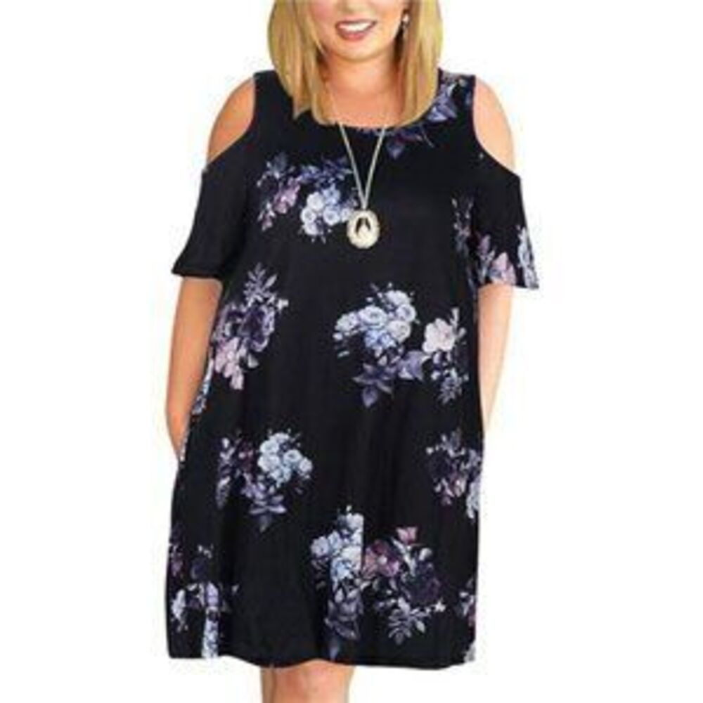Women's Cold Shoulder Plus Size Casual T-Shirt Swing Dress with Pocket